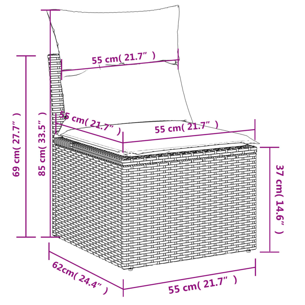 4 pcs conjunto sofás de jardim c/ almofadões vime PE cinzento