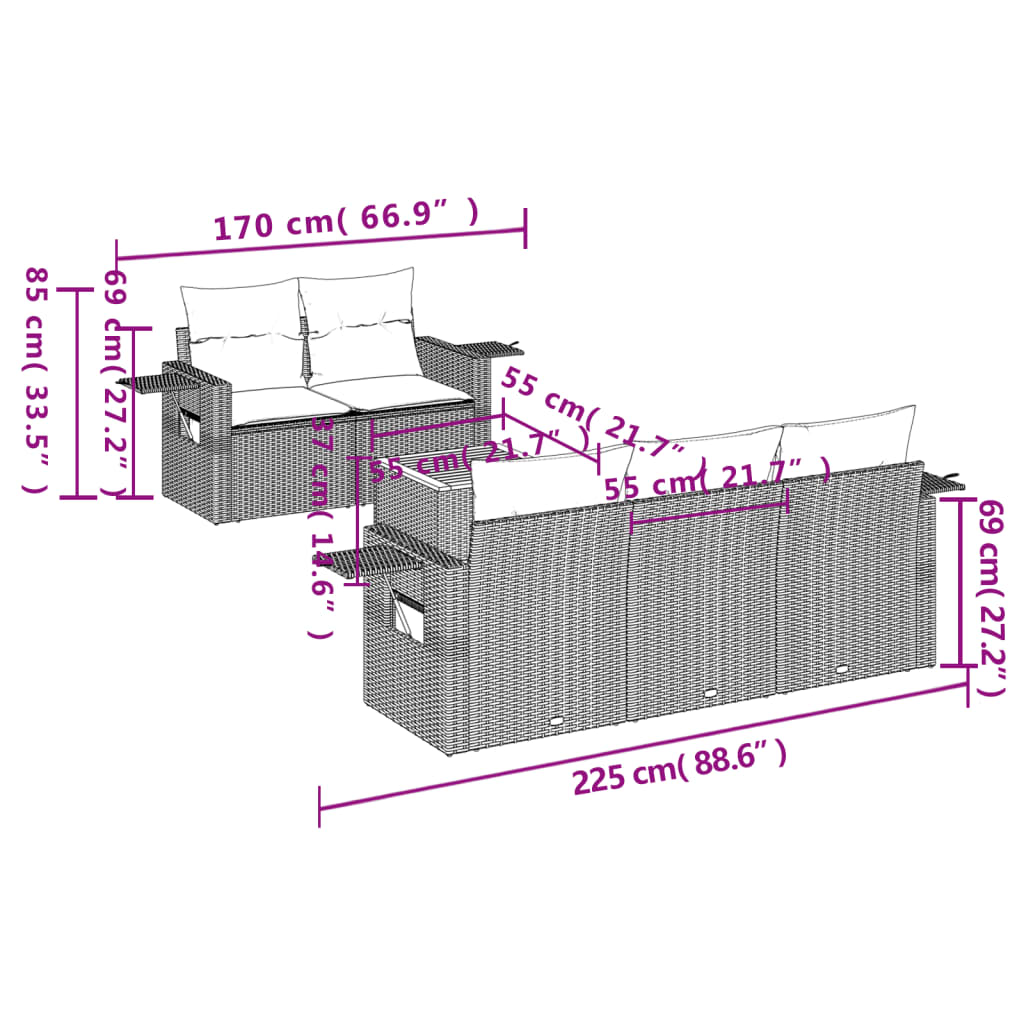 6 pcs conjunto de sofás p/ jardim com almofadões vime PE bege