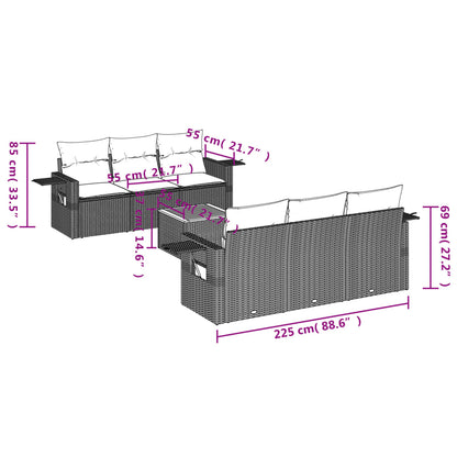 7 pcs conjunto de sofás p/ jardim c/ almofadões vime PE preto