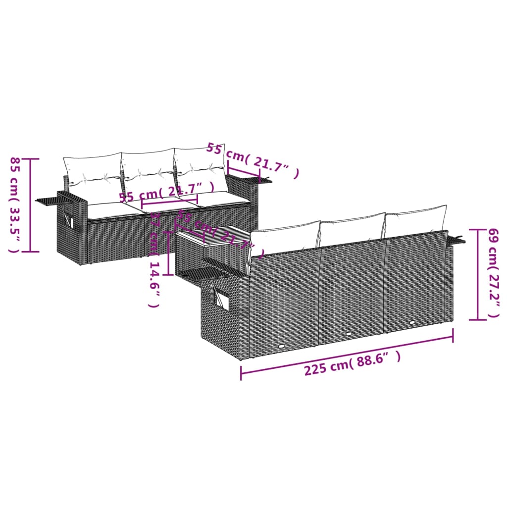 7 pcs conjunto de sofás p/ jardim com almofadões vime PE bege