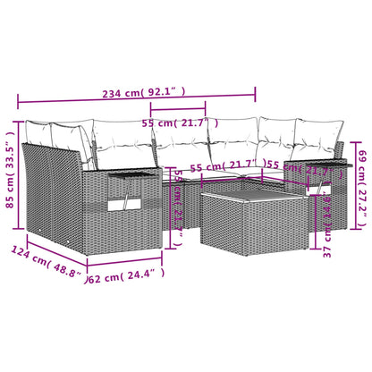 7 pcs conjunto de sofás p/ jardim c/ almofadões vime PE preto