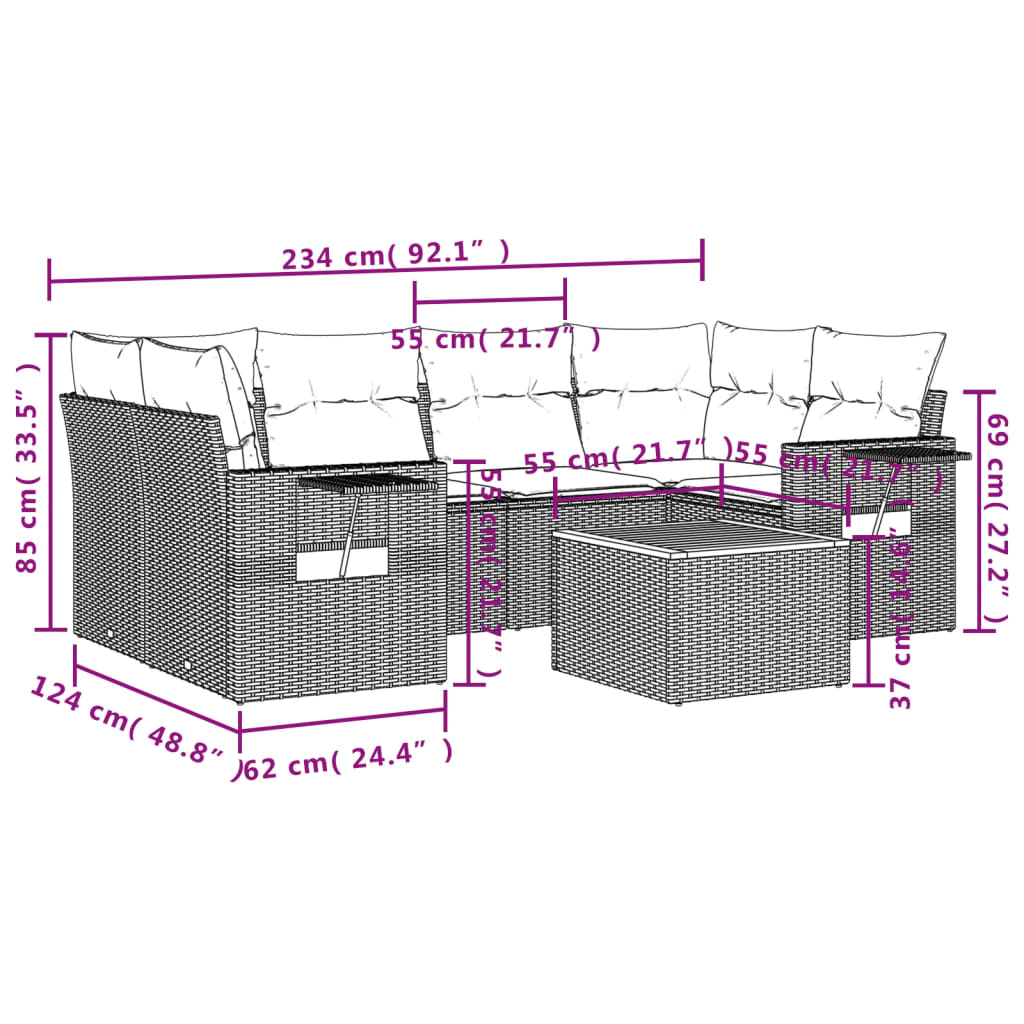 7 pcs conjunto de sofás p/ jardim com almofadões vime PE bege