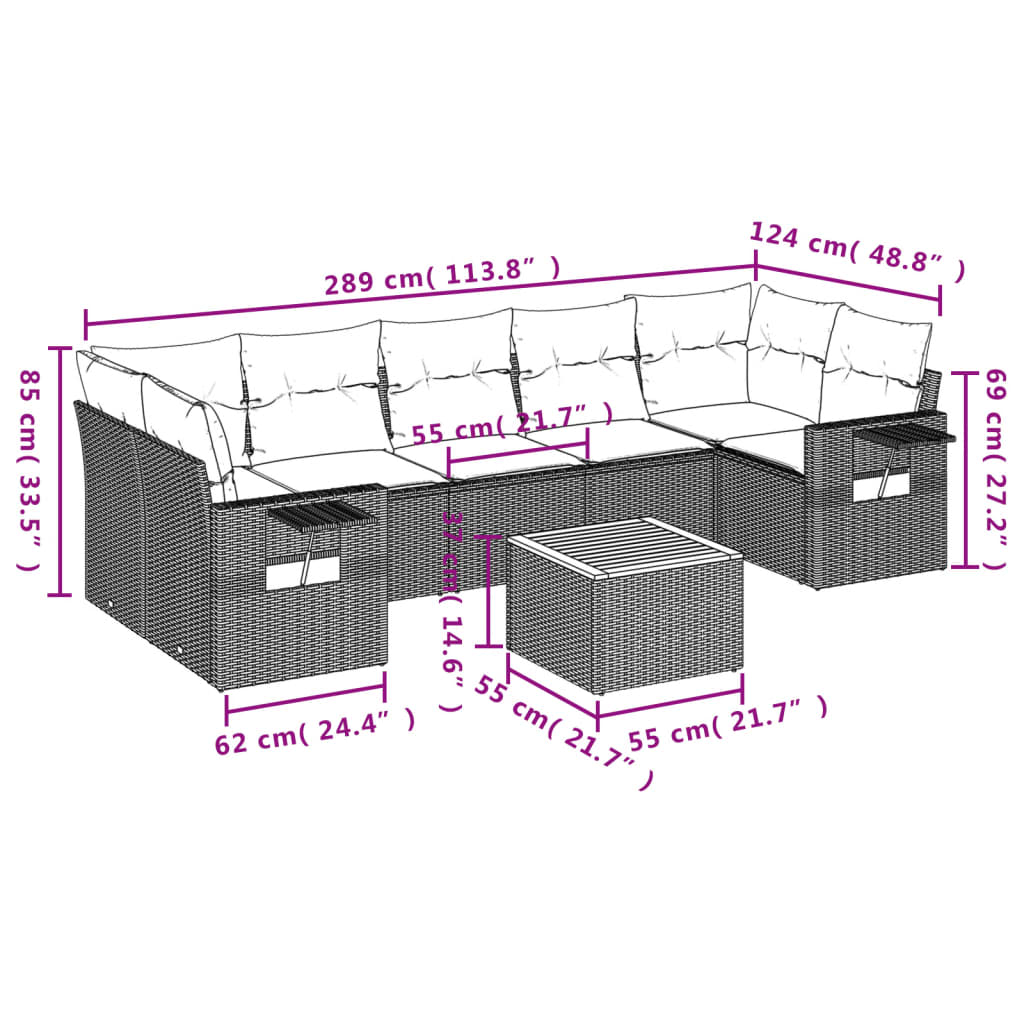 8 pcs conjunto de sofás p/ jardim com almofadões vime PE bege