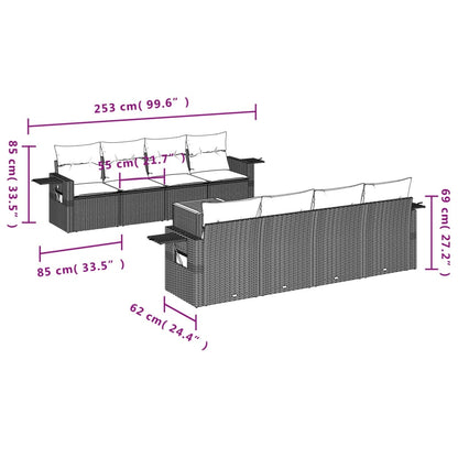 9 pcs conjunto de sofás p/ jardim c/ almofadões vime PE preto