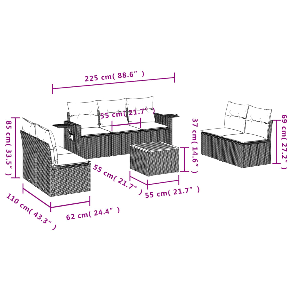 8 pcs conjunto de sofás p/ jardim com almofadões vime PE bege