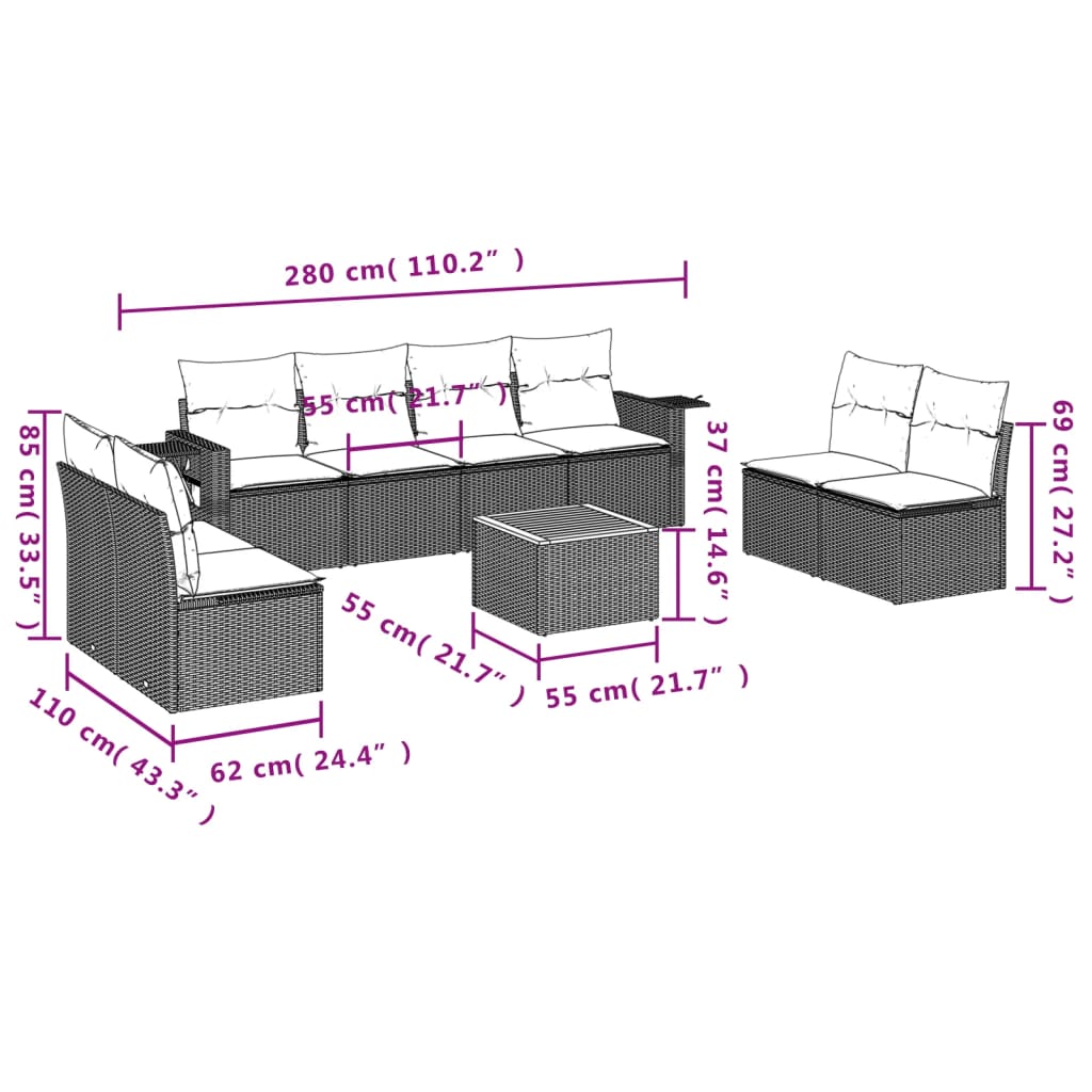 9 pcs conjunto de sofás p/ jardim com almofadões vime PE bege