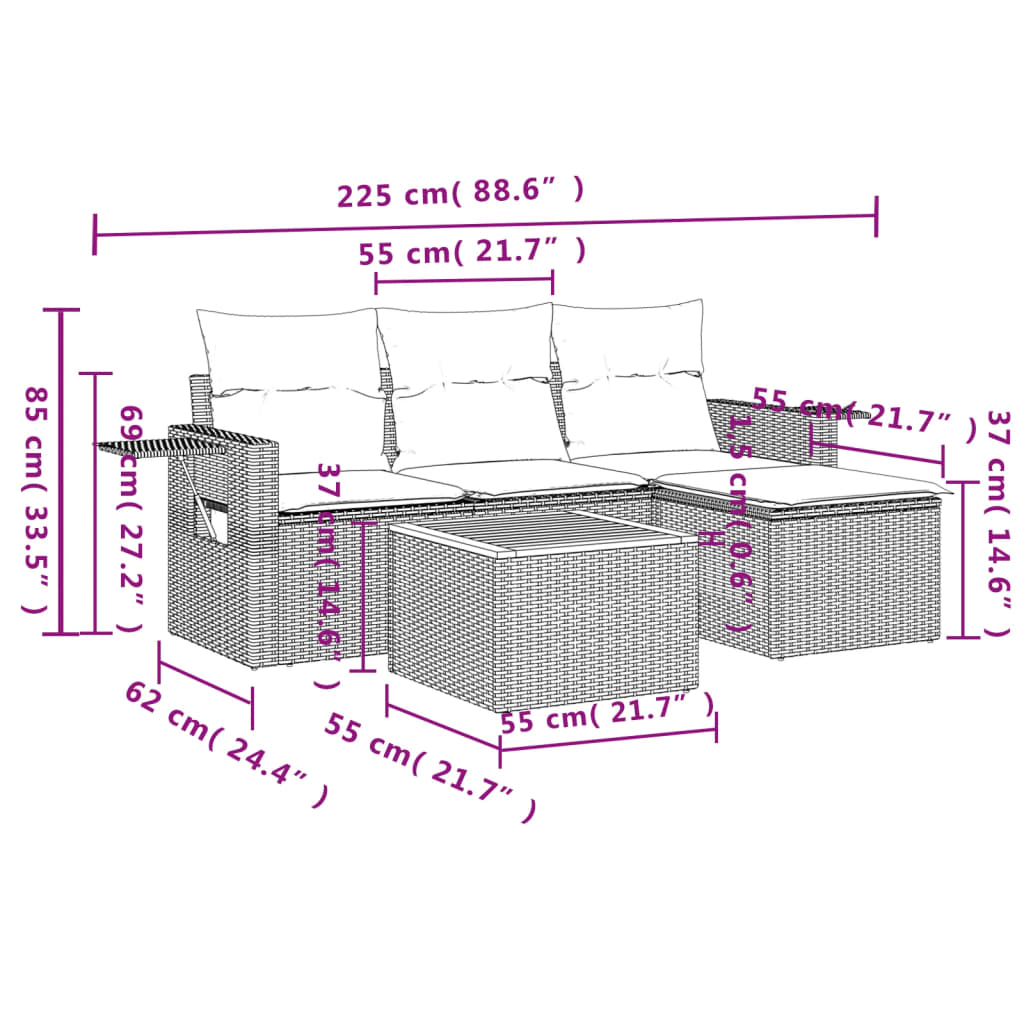 5 pcs conjunto de sofás p/ jardim com almofadões vime PE bege