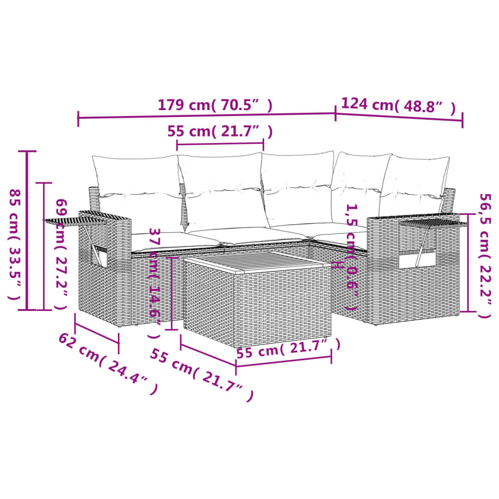 5 pcs conjunto sofás de jardim c/ almofadões vime PE cinzento