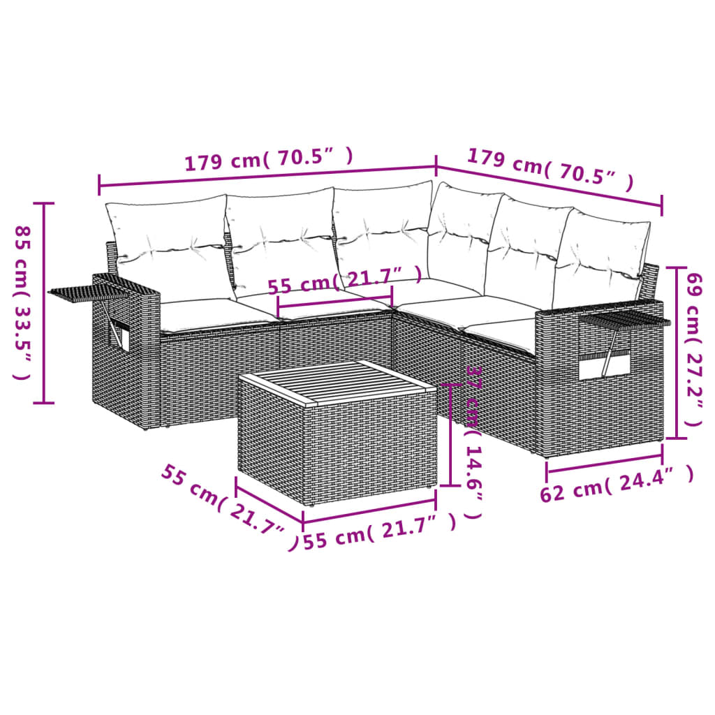 6 pcs conjunto sofás de jardim com almofadões vime cinzento