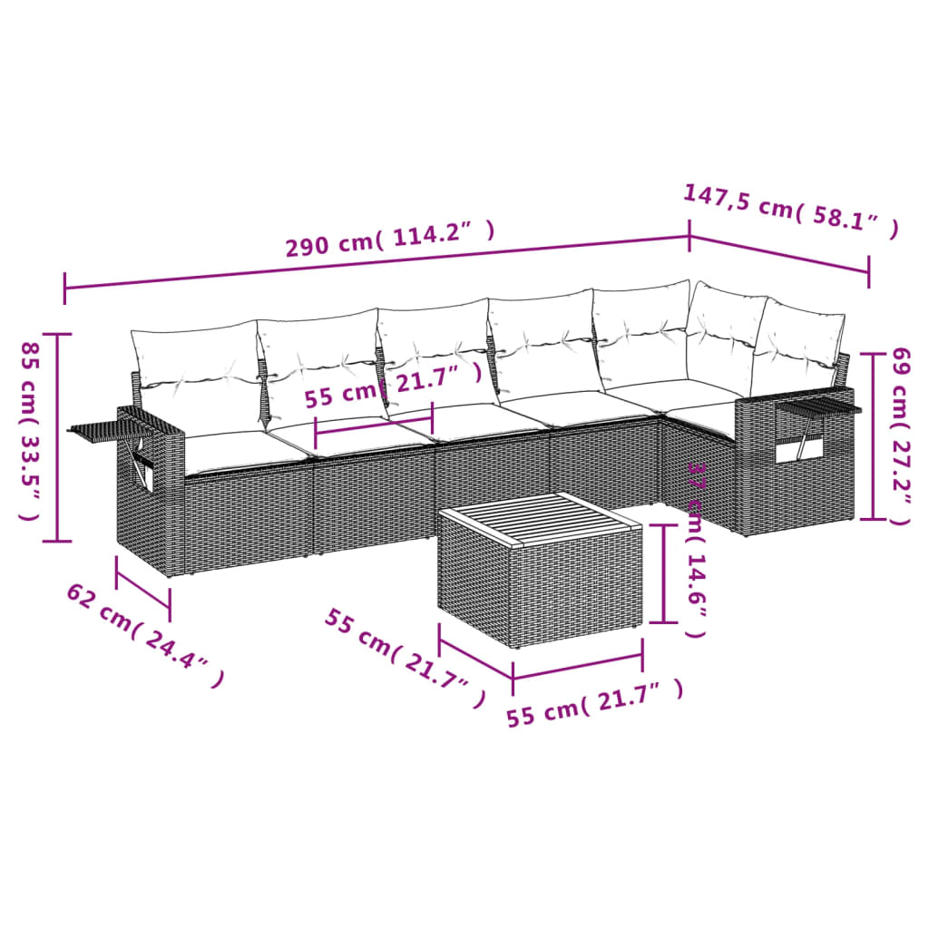 7 pcs conjunto sofás p/ jardim c/ almofadões vime PE cinzento