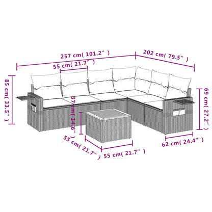 7 pcs conjunto de sofás p/ jardim c/ almofadões vime PE preto