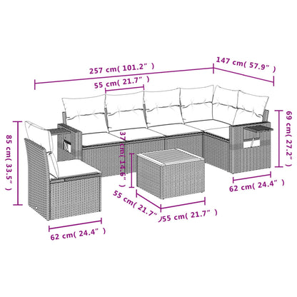 7 pcs conjunto sofás p/ jardim c/ almofadões vime PE cinzento