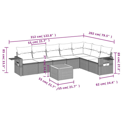 8 pcs conjunto sofás de jardim com almofadões vime PE preto