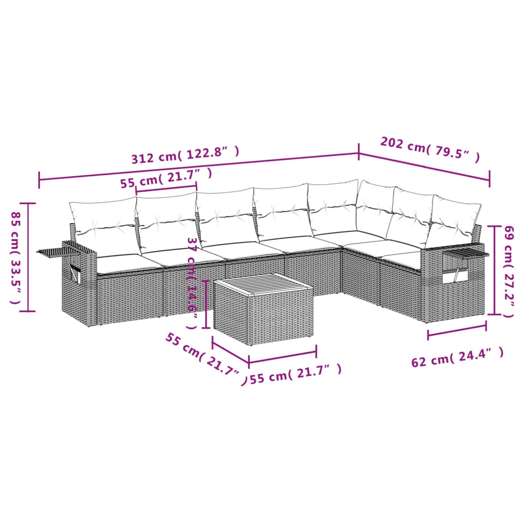 8 pcs conjunto sofás de jardim c/ almofadões vime PE cinzento