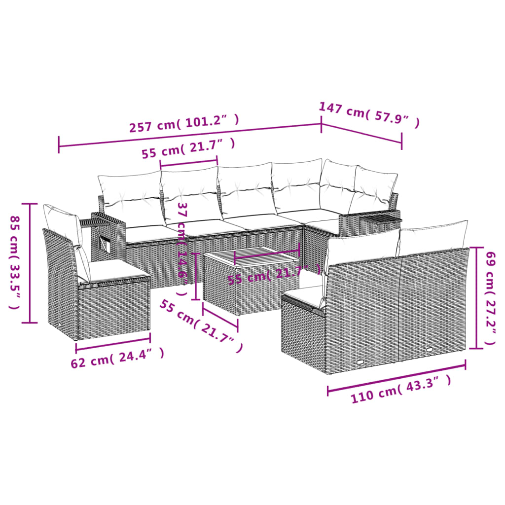 9 pcs conjunto de sofás p/ jardim com almofadões vime PE bege