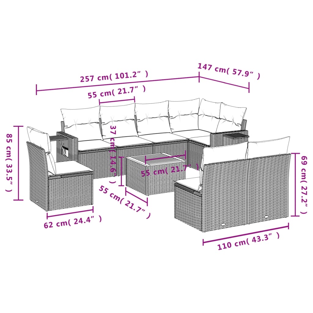 9 pcs conjunto de sofás p/ jardim com almofadões vime PE bege