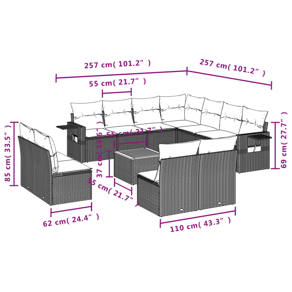 12 pcs conjunto de sofás de jardim c/ almofadões vime PE preto