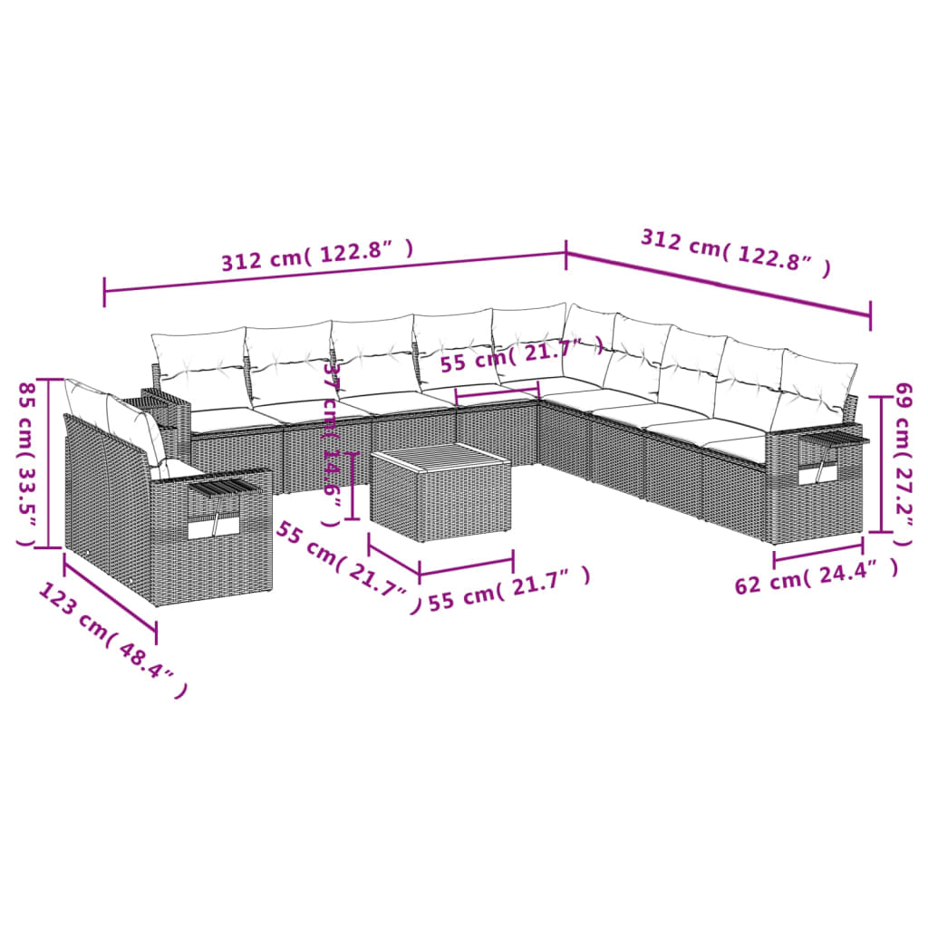 12 pcs conjunto de sofás de jardim c/ almofadões vime PE preto