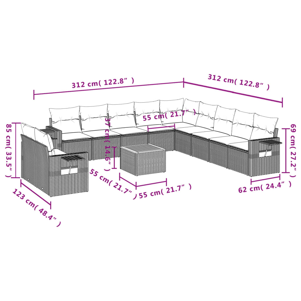 12 pcs conjunto de sofás p/ jardim com almofadões vime PE bege