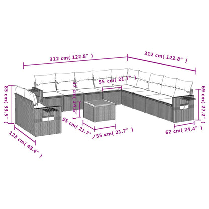 12 pcs conjunto de sofás jardim c/ almofadões vime PE cinzento