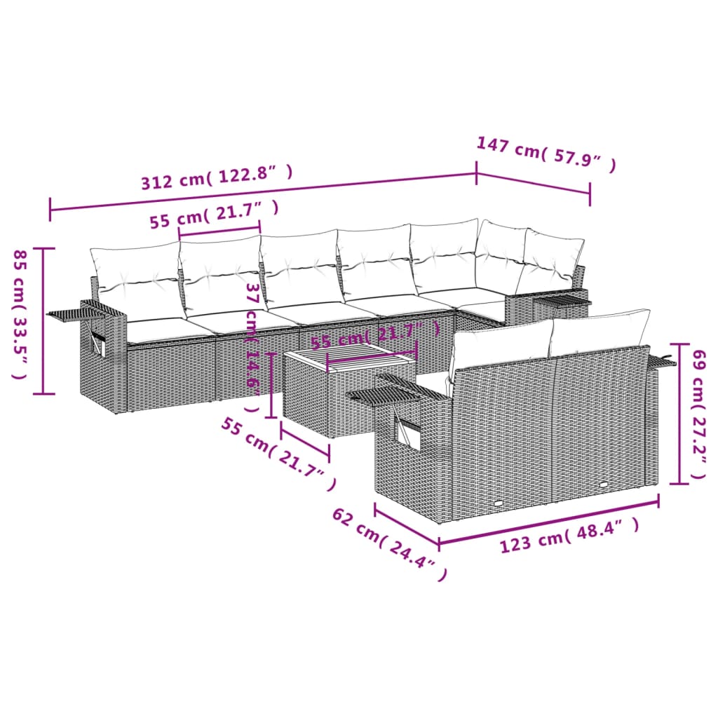 9 pcs conjunto de sofás p/ jardim c/ almofadões vime PE preto