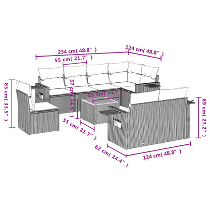 9 pcs conjunto de sofás p/ jardim c/ almofadões vime PE preto