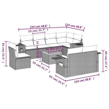 9 pcs conjunto de sofás p/ jardim com almofadões vime PE bege