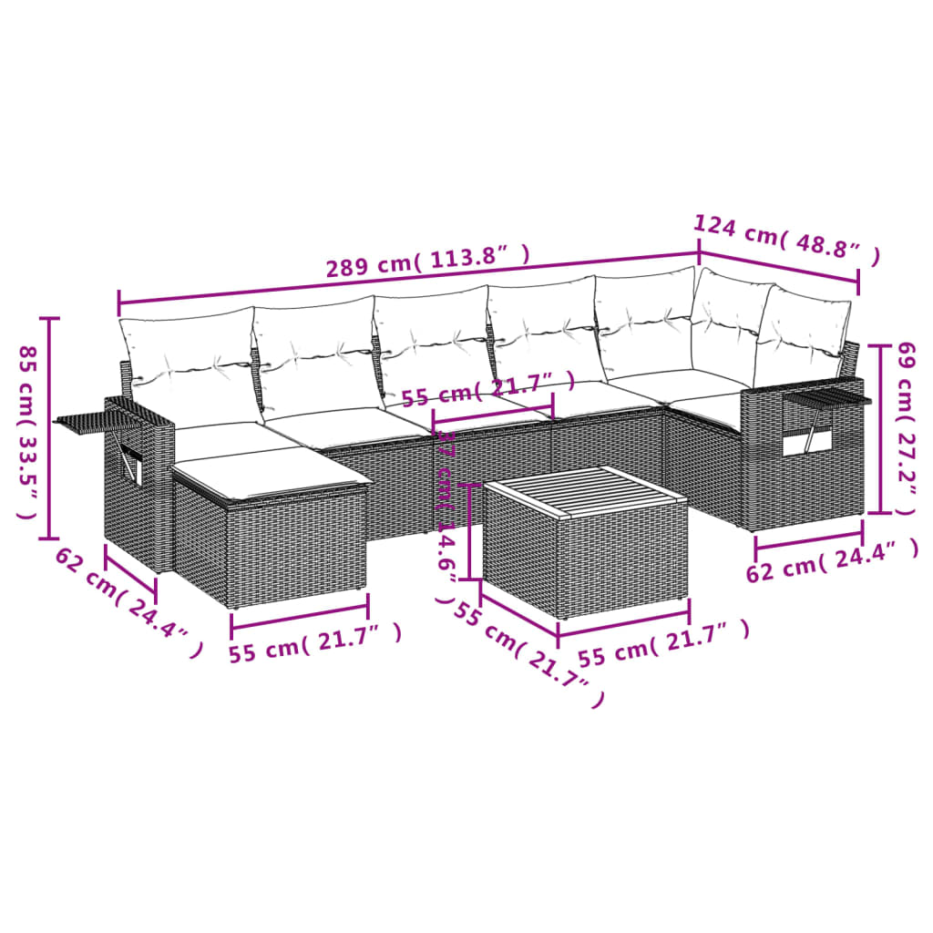 8 pcs conjunto sofás de jardim com almofadões vime PE preto