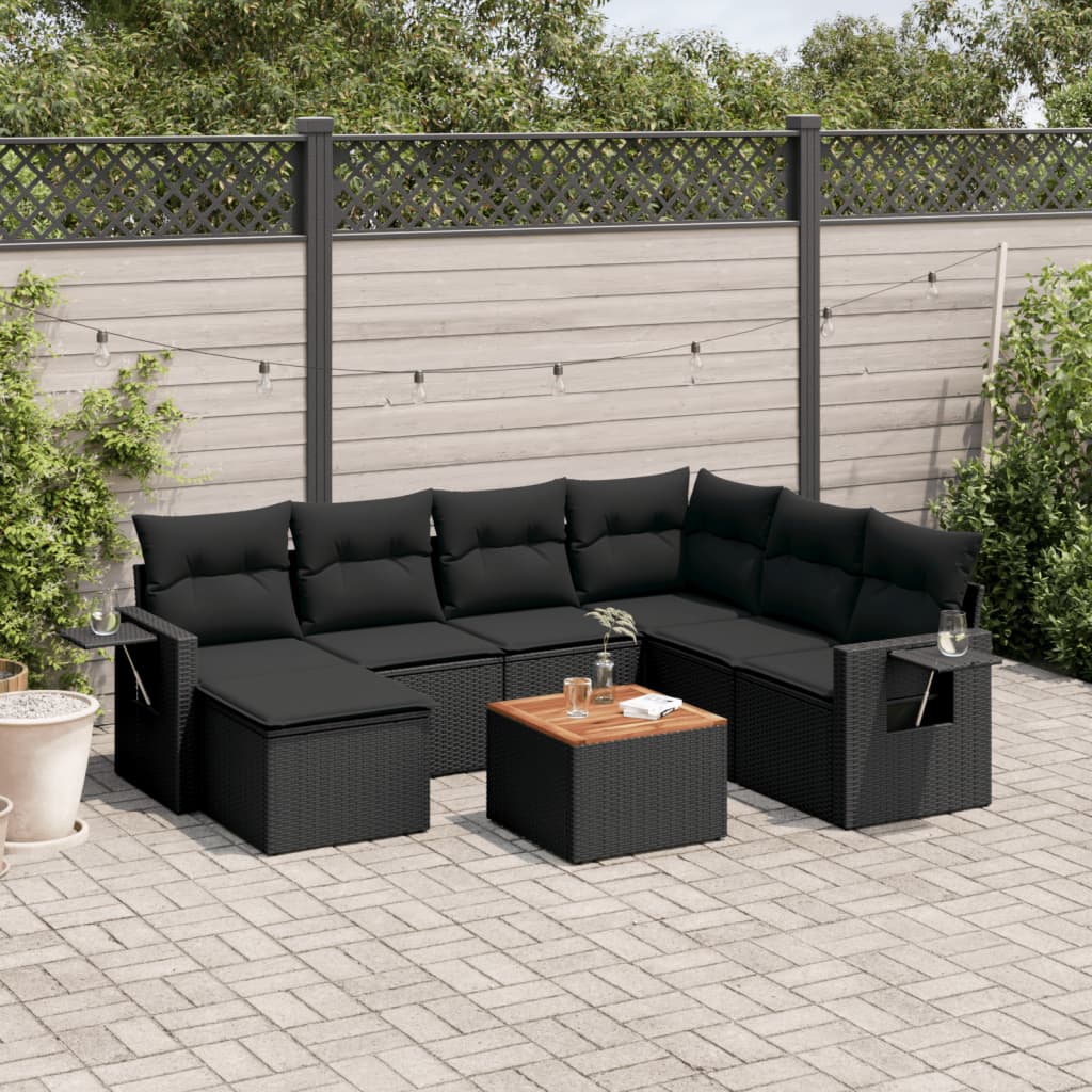 8 pcs conjunto sofás de jardim com almofadões vime PE preto