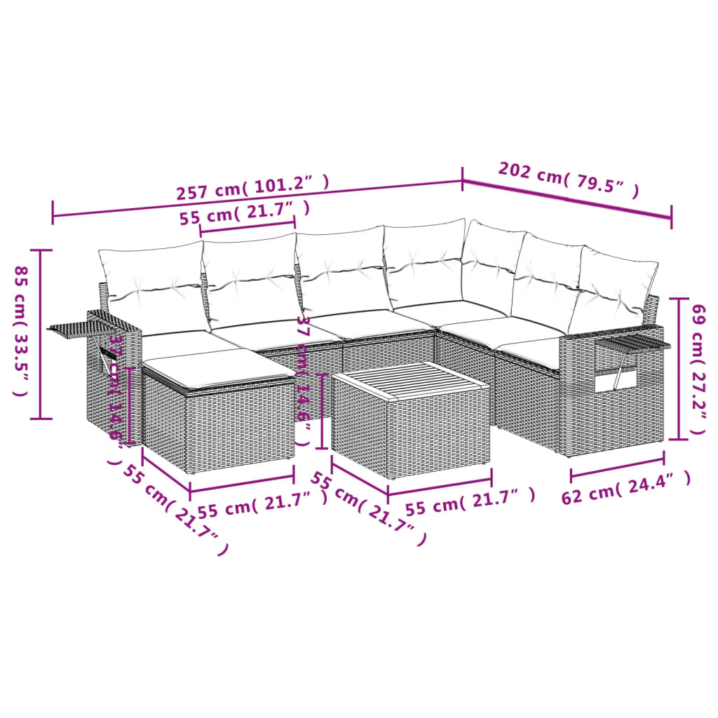 8 pcs conjunto de sofás p/ jardim com almofadões vime PE bege