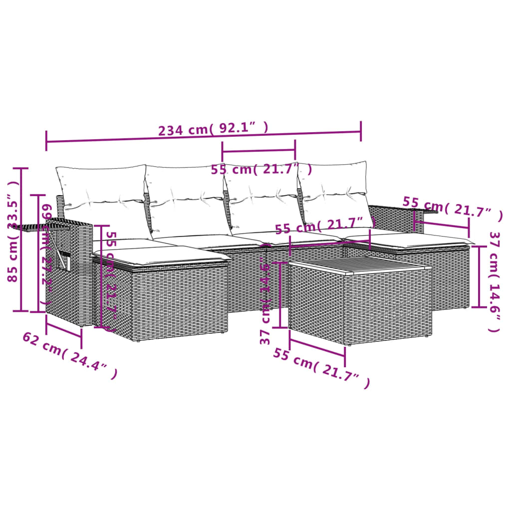 7 pcs conjunto sofás p/ jardim c/ almofadões vime PE cinzento