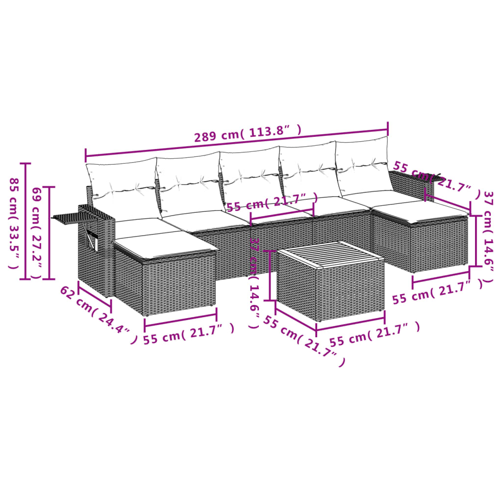 8 pcs conjunto de sofás p/ jardim com almofadões vime PE bege