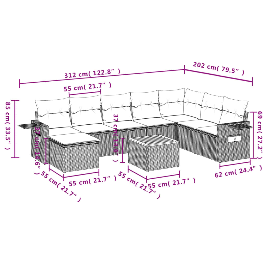 9 pcs conjunto de sofás p/ jardim com almofadões vime PE bege