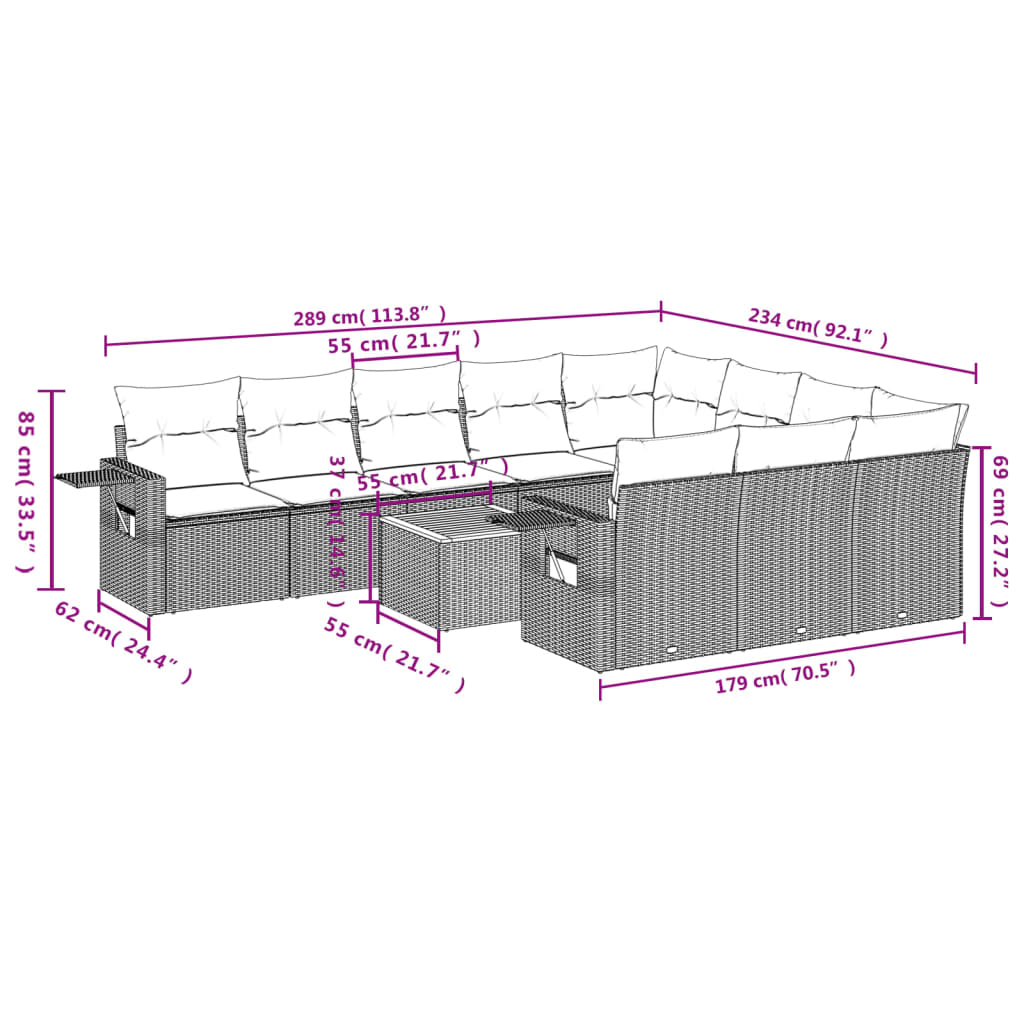 11 pcs conjunto sofás de jardim c/ almofadões vime PE preto