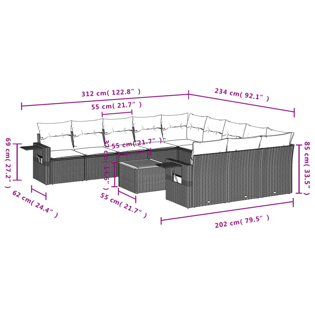 12 pcs conjunto de sofás p/ jardim com almofadões vime PE bege