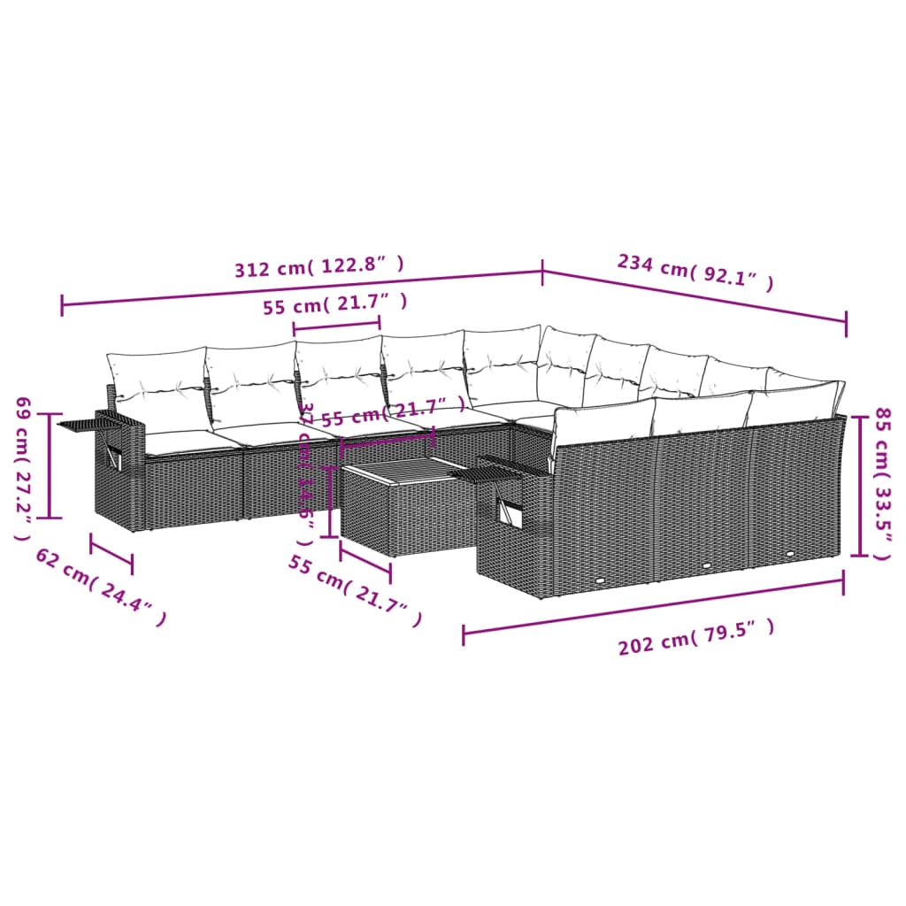 12 pcs conjunto de sofás jardim c/ almofadões vime PE cinzento