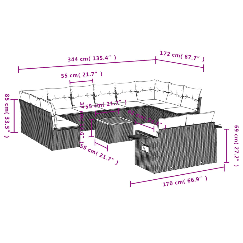 13 pcs conjunto de sofás p/ jardim com almofadões vime PE bege