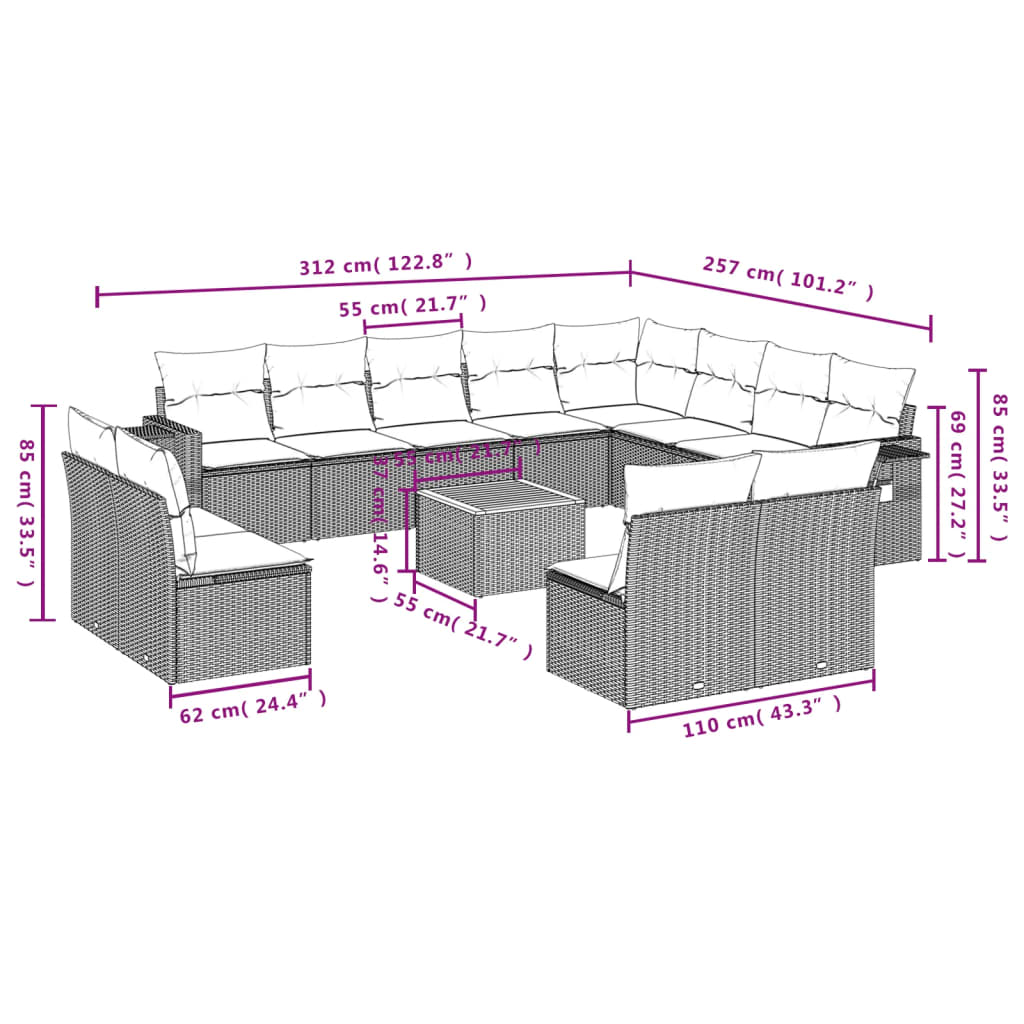 13 pcs conjunto de sofás de jardim com almofadões vime PE preto