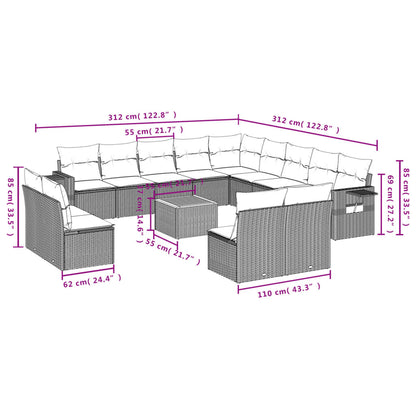 14 pcs conjunto de sofás p/ jardim c/ almofadões vime PE preto