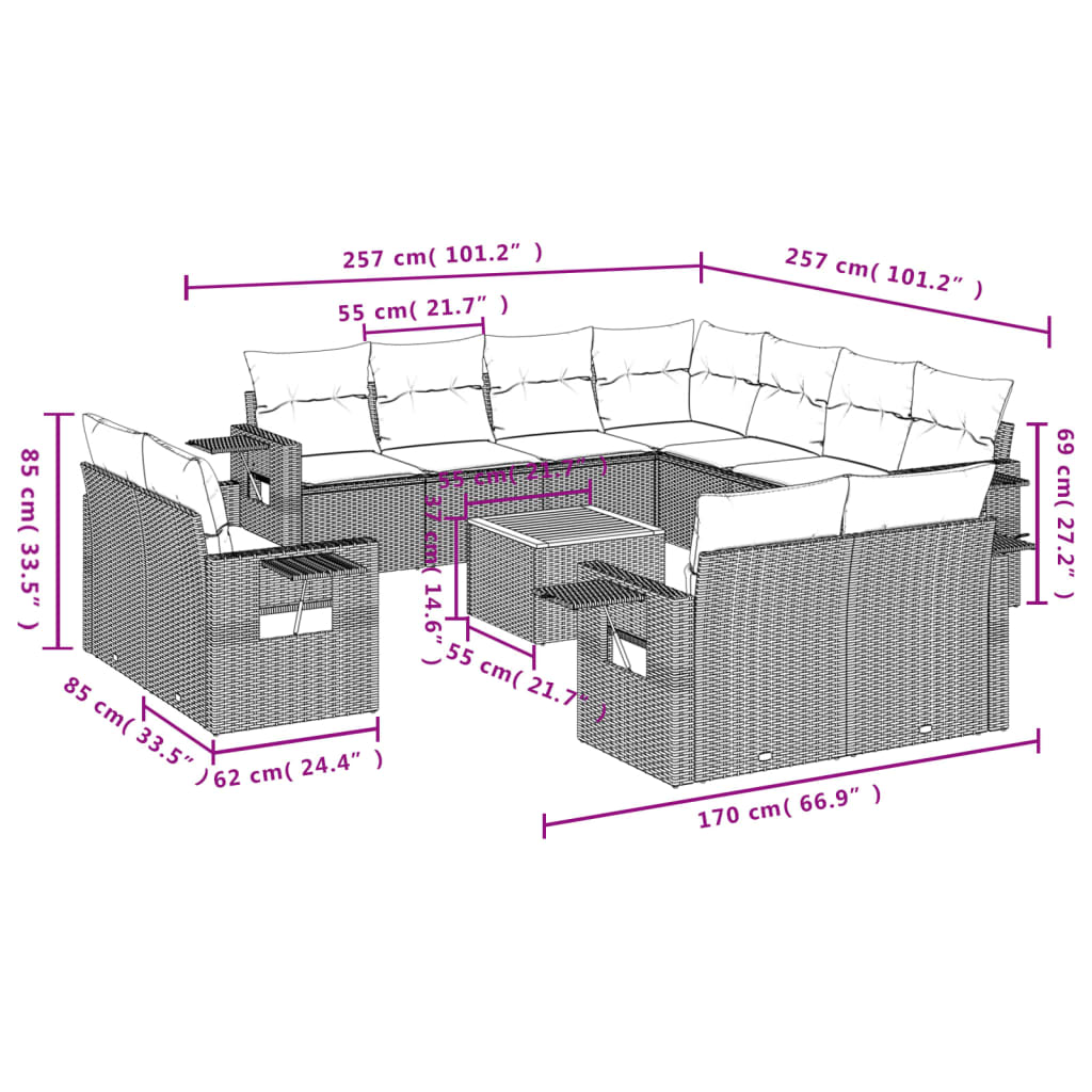 12 pcs conjunto de sofás p/ jardim com almofadões vime PE bege