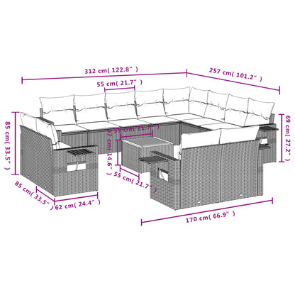 13 pcs conjunto de sofás p/ jardim com almofadões vime PE bege