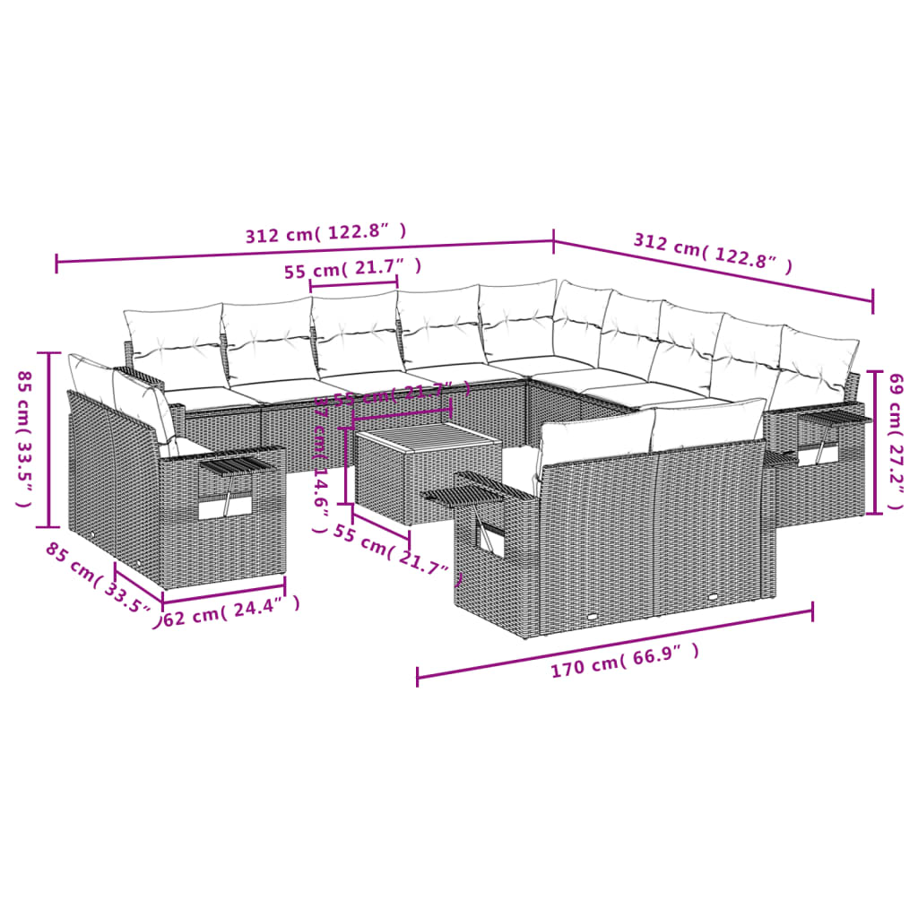 14 pcs conjunto de sofás p/ jardim c/ almofadões vime PE preto