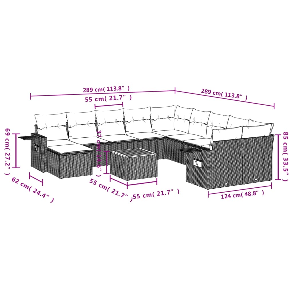 12 pcs conjunto de sofás p/ jardim com almofadões vime PE bege