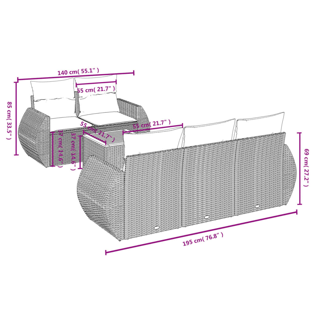 6 pcs conjunto sofás de jardim c/ almofadões vime PE preto