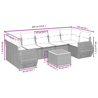 8 pcs conjunto sofás de jardim com almofadões vime PE preto