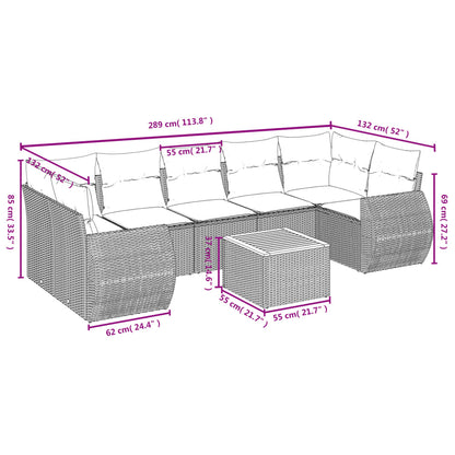 8 pcs conjunto sofás de jardim c/ almofadões vime PE cinzento