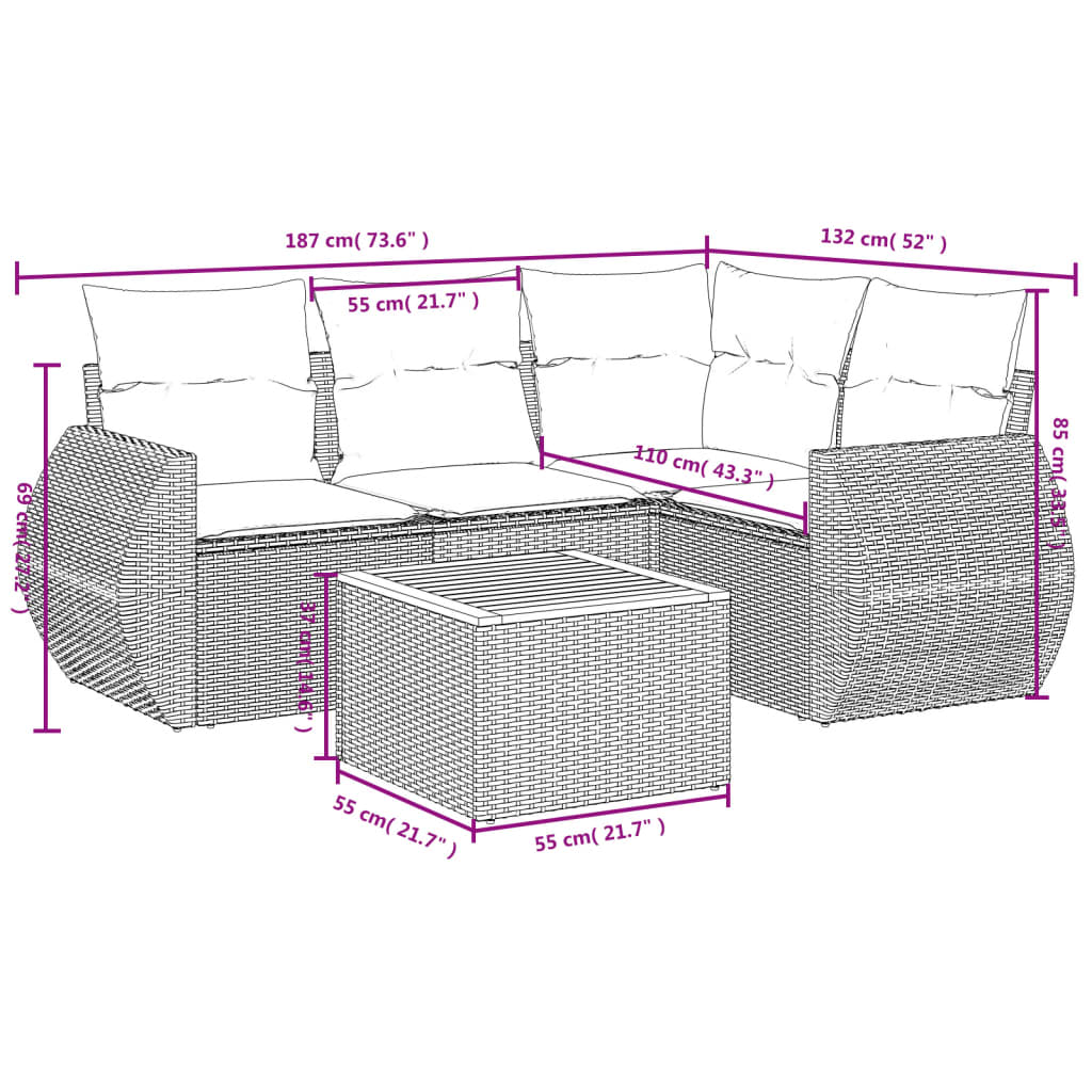 5 pcs conjunto sofás de jardim com almofadões vime PE preto