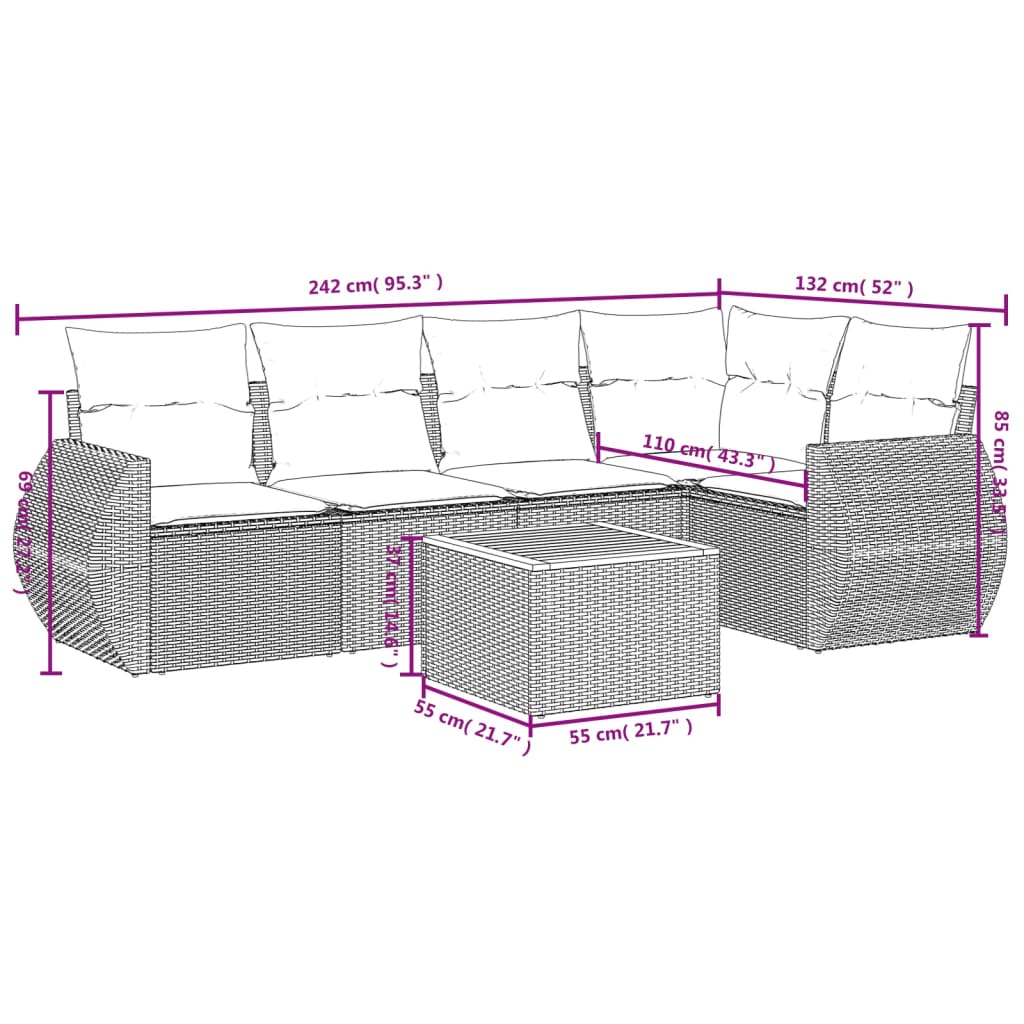 6 pcs conjunto sofás de jardim com almofadões vime cinzento