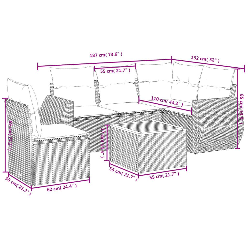 6 pcs conjunto sofás de jardim com almofadões vime cinzento