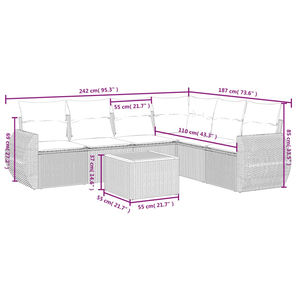 7 pcs conjunto de sofás p/ jardim c/ almofadões vime PE preto